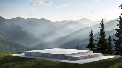 A mountain range with a large, empty stone platform in the middle