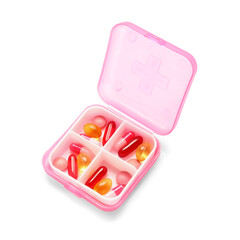 Plastic container with different pills isolated on white background