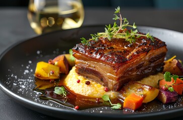 Crispy Pork Belly With Creamy Polenta and Roasted Vegetables