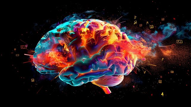 A concept piece showing a brain with explosive bursts of color and light