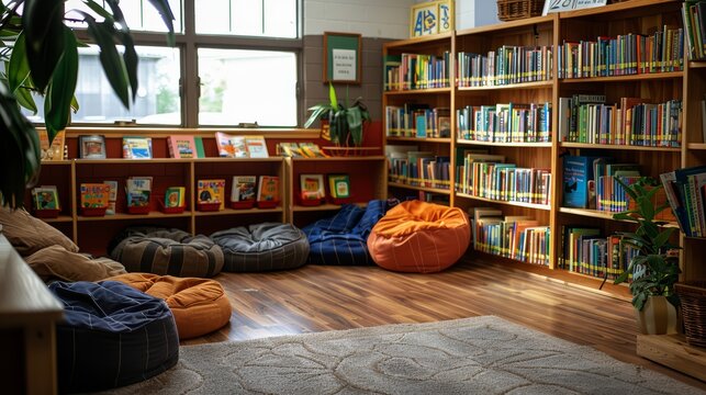 A cozy classroom reading corner with new books displayed
