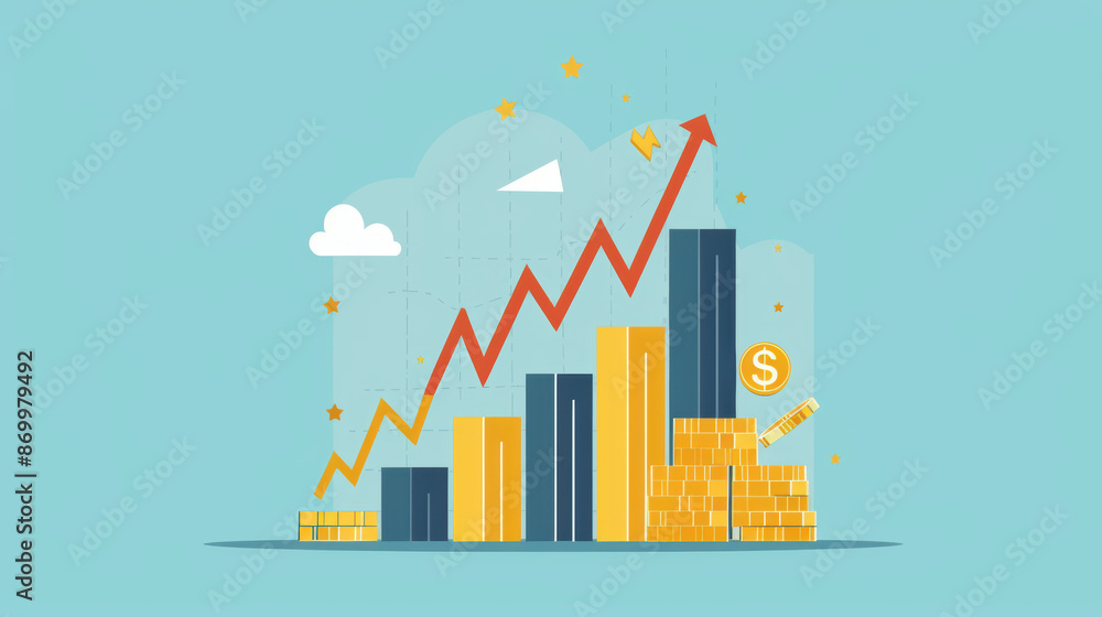 Poster a graph with a red arrow pointing upwards and a stack of coins on the bottom