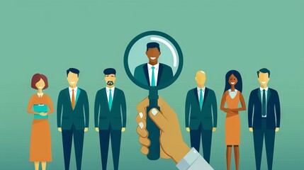 A conceptual image illustrating the process of human resource management and recruitment in business, depicting the search for the most talented and suitable employee for a company. 