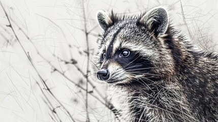 Naklejka premium A curious raccoon, with its distinctive mask, is illustrated in fine black lines on a white canvas