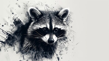 Obraz premium A curious raccoon, with its distinctive mask, is illustrated in fine black lines on a white canvas