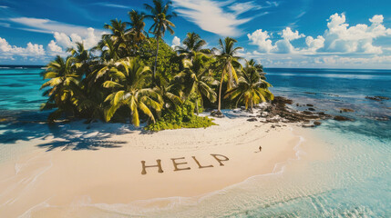 Word HELP written on sand of tropical beach, ocean shore of wild uninhabited island with castaway call. Concept of lost at sea, shipwreck, sos, solitary.