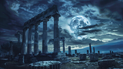 Fototapeta premium Ancient Greek temple on dark sky background, old building ruins at night in summer. Concept of fantasy, history, Greece, big moon, travel, landscape,