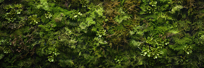 Panoramic banner of moss, vertical garden of green lichen plants on interior wall, abstract texture background. Concept of reindeer, landscaping, nature, forest, eco design