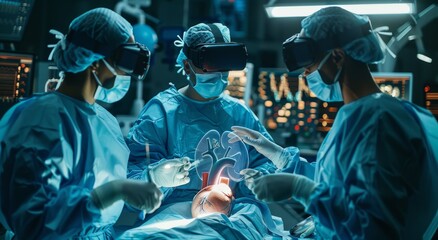 Doctors performing surgery using virtual reality in a modern operating room