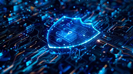 A cyber security concept showing a shield icon surrounded by encrypted data and digital locks