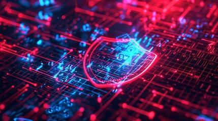 Fototapeta premium A cyber security concept showing a shield icon surrounded by encrypted data and digital locks