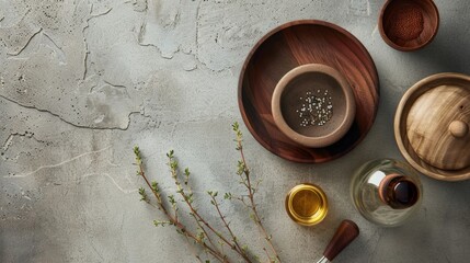 Top view of a kitchen setup with herbs and spices