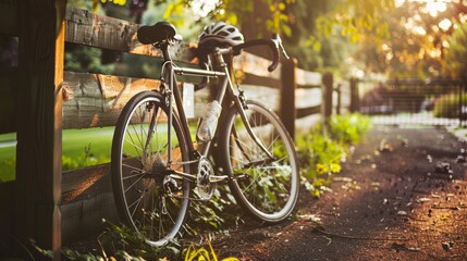 Fototapeta premium Bicycle leaned against a wooden fence on a sunny day in the park. Concept of outdoor activity, cycling, nature, recreation