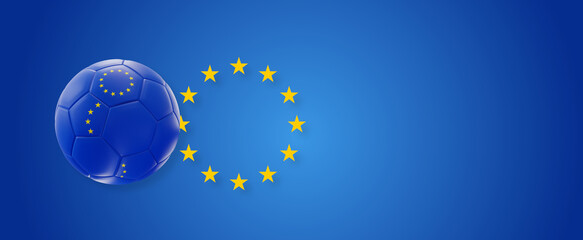 Soccer ball in the colors of Europe over the stars of the european flag on light blue background
