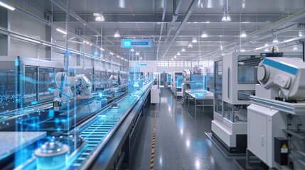 Fototapeta premium Industry 4.0 smart factory interior showcases IIoT machines, efficient workstations, and automated production lines, optimizing the manufacturing process for improved performance. 