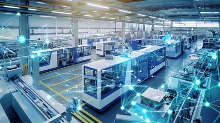 Industry 4.0 smart factory interior showcases IIoT machines, efficient workstations, and automated production lines, optimizing the manufacturing process for improved performance. 