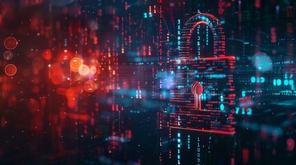 Obraz premium A cyber security-themed photograph of a digital lock, with binary code and data streams in the background