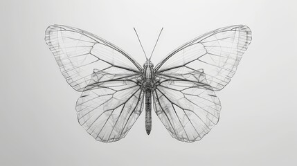 Obraz premium A delicate butterfly, with wings outstretched, is illustrated in fine black lines on a white canvas