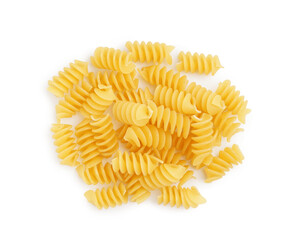 Tasty uncooked fusilli pasta on white background