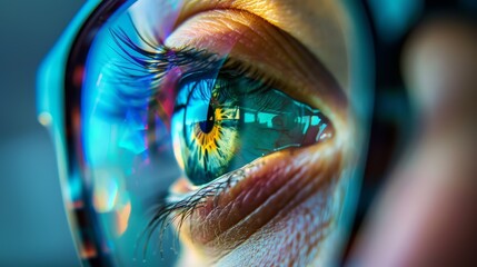 A detailed shot of an eye behind glasses