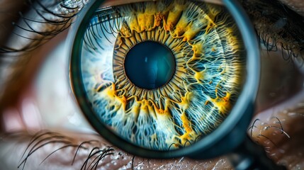 A detailed shot of an eye looking through a magnifying glass
