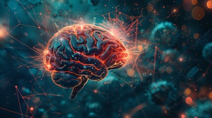 Fototapeta premium A digital illustration depicting a human brain integrated with circuit patterns and glowing nodes