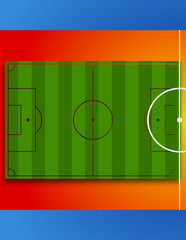 A soccer football field as a stadium with the goal line and the center line and the outside line as well as the corner and penalty area, with a shadow placed over a vertical background