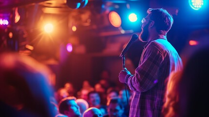 A lively scene of a comedian performing on stage during a stand-up comedy show with vibrant stage lights and a captivated audience