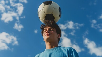 Young male balancing a soccer ball on his head against a blue sky with scattered clouds