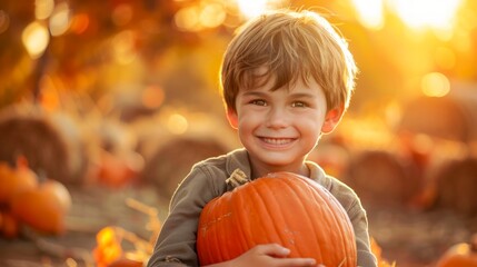 Fototapeta premium Caucasian boy embracing a pumpkin in an autumn field. Concept of childhood joy, fall season, harvest time, outdoor activities