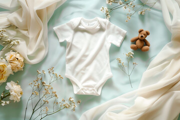 mock-up baby bodysuit white on a light background, top view. High quality photo