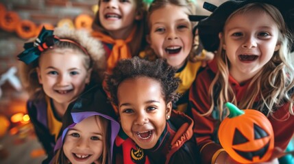 Multiracial group of children in bright costumes smiling happily. Concept of diversity, kids' party, joy, friendship, Halloween