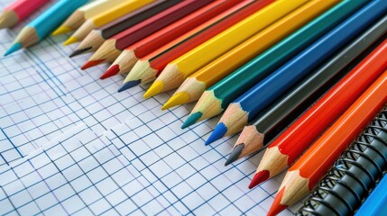 Fototapeta premium A row of colored pencils are lined up on a sheet of graph paper