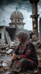 A photo real of a pregnant Palestine woman sitting outside