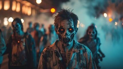 Obraz premium Group of diverse zombies walking on a dark street at night. Concept of Halloween, horror, undead, urban scene
