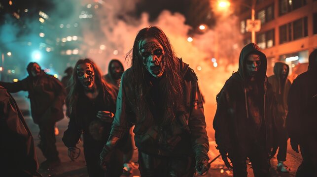 Group of diverse zombies walking on a dark street at night. Concept of Halloween, horror, undead, urban scene