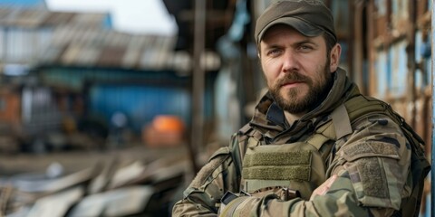 Fototapeta premium Resolute soldier in camouflage uniform and combat gear showcasing army career against rustic abandoned building backdrop, exuding confidence and military strength, outdoors.