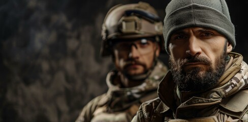Fototapeta premium Steely-eyed confidence from two rugged, multi-racial soldiers in camouflage combat gear, one wearing a helmet while the other dons a beanie, dark background.