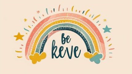 A delightful rainbow art with the message 'be keve', surrounded by stars and colorful elements, promoting positivity and happiness. The design is playful and uplifting.