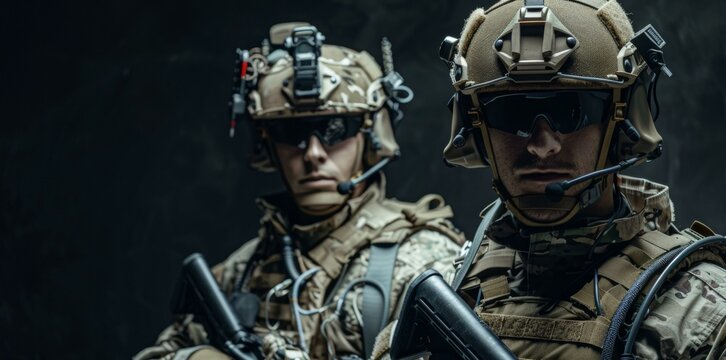 Formidable soldiers in military uniforms and camouflage combat gear, two White soldiers with confident expressions, preparing for a mission in dark setting.