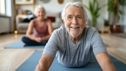 Enthusiastic seniors exercising together on blue mats, one smiling elderly white man in gray shirt, one smiling elderly white woman in pink tank top, relaxed home setting.