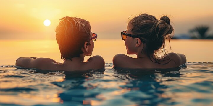 Enchanting summer sunset with two kids in pool wearing sunglasses, one biracial and one white, enjoying relaxing vacation mood. - Powered by Adobe