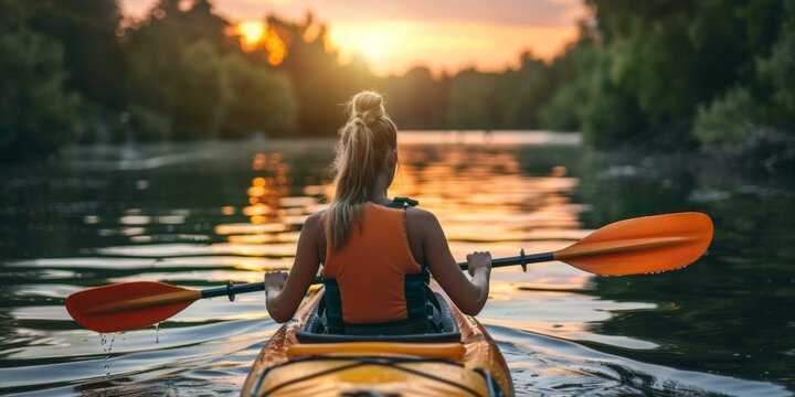 Sun-kissed blonde woman kayaking across tranquil lake at sunset in vibrant orange top and life jacket, encapsulating summer adventure and relaxation.