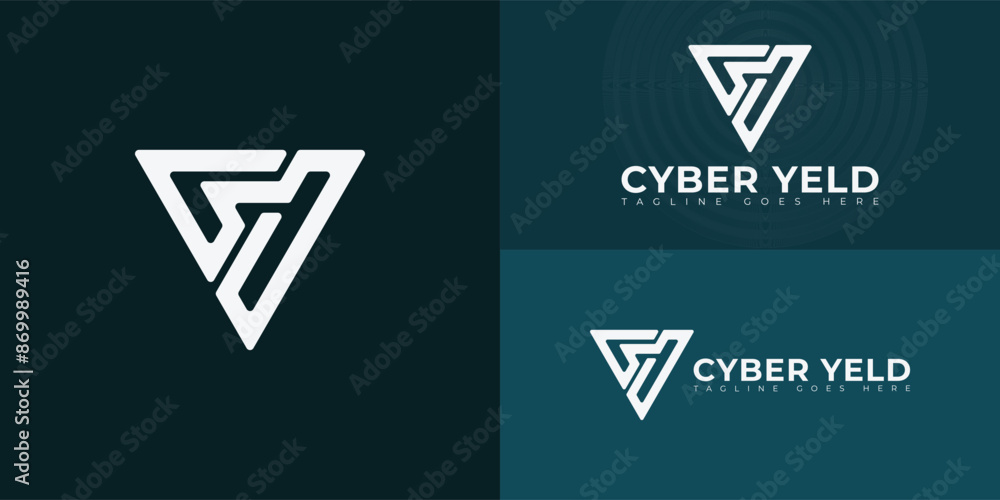 Poster abstract initial triangle letters cy or yc logo in white color isolated on multiple background color