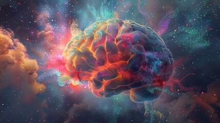 Obraz premium A digital painting of a brain exploding into a cloud of tiny, colorful particles