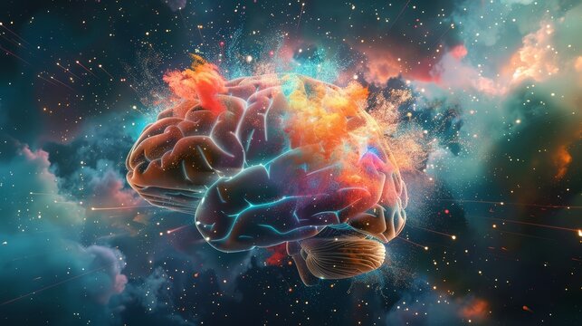 A digital painting of a brain exploding into a cloud of tiny, colorful particles