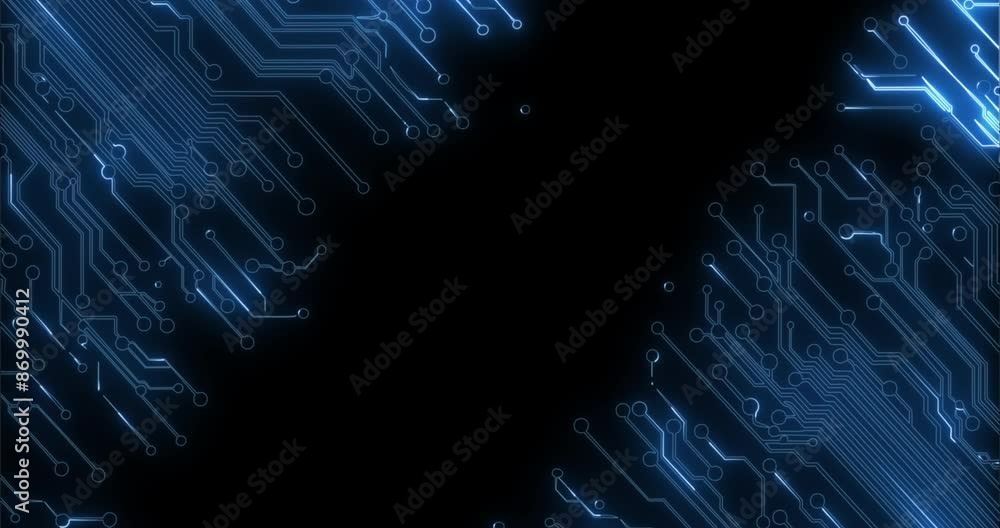 Poster Circuit board, digital and technology for big data or communication on black background. Neural network, information and machine learning on futuristic electric cyber computer for hardware innovation