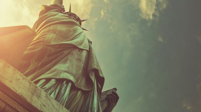 A low angle view of the Statue of Liberty against a sky with sunlight filtering through, highlighting the statue's majestic stance and its glowing torch. - Powered by Adobe