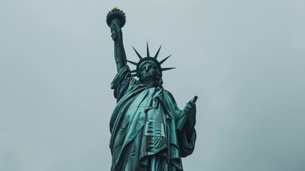 Fototapeta premium A mystical view of the Statue of Liberty captured from the front, against a grey sky, highlighting its imposing structure and the sense of freedom and resilience it represents.