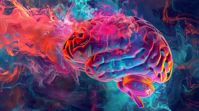 A dynamic painting of a brain with explosive bursts of neon colors and intricate patterns